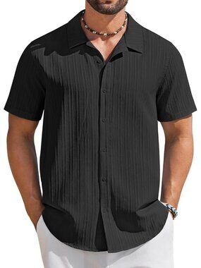Men's Black Short Sleeve Casual Button Down Textured Summer Beach Shirt